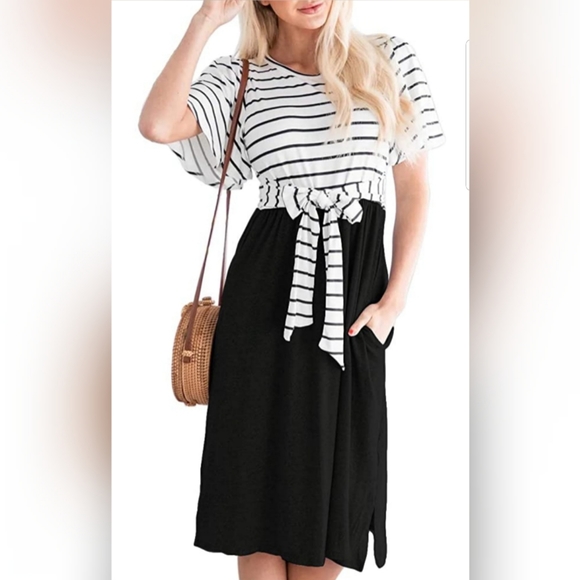 Dresses & Skirts - Summer Striped Ruffle Sleeves Tie Waist Pockets